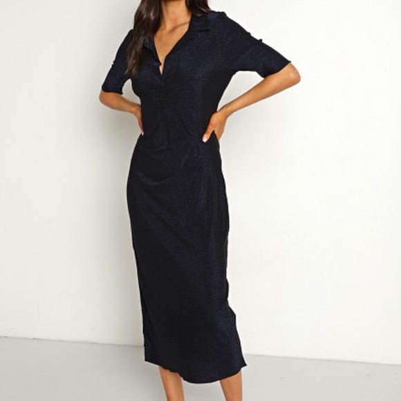 PISTOLA Vita Polo Dress Navy Shimmer Midi Short Sleeve Side Gather, Slits Sz S - Picture 5 of 15